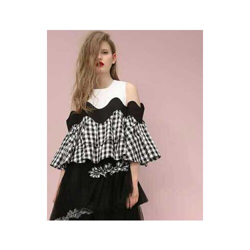 Young Girls Ruffles Blouses New Black White Plaid Womens Blouse Tops Casual Off Shoulder Special Designer Crop Short Tops NS694