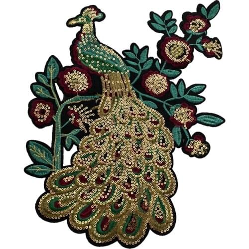 WUYUCONG Large Gold Floral Peacock Patches Sew on Sequined Appliques for Jacket Clothes Sewing Embroidery DIY Accessories 1 PC
