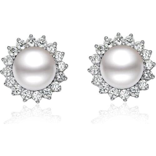 925 Sterling Silver Natural Freshwater Pearl Halo Earrings 8-9MM SONA Diamond Halo Earrings Birthday Gift