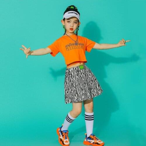 Kids Hip Hop Clothing Orange Crop Tops T Shirt Zenbra Mini Skirt Streetwear for Girls Stage Wear Dance Costume Show Clothes