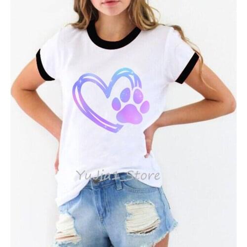 Pink Love Cat Paw Print T-Shirt WomenS Clothing Funny White Tee Shirt Femme Summer Fashion Tshirt Female Short Sleeve T Shirt
