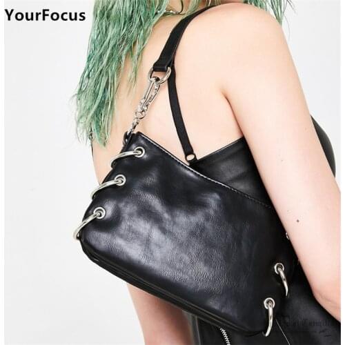 Gothic Rock Punk Metal Ring Hollow Baguette Bag Handbag Harajuku Retro Black PU Leather Underarm Bag Axillary Pouch Bags Women