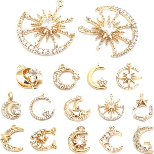 40687)6PCS 24K Champagne Gold Color Brass and Zircon Star and Moon Charms Pendants Jewelry Making Supplies Diy Accessories