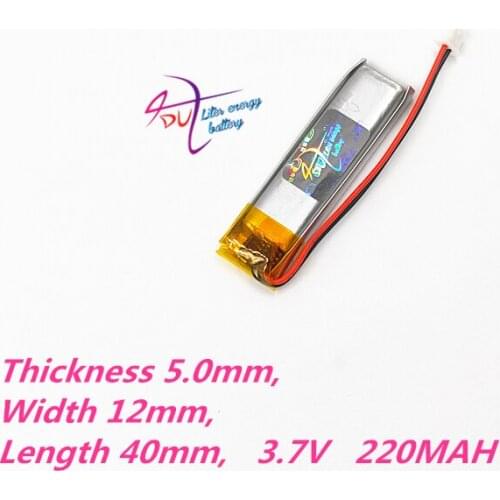 JST 1.5mm 2pin 3.7V 220mAh Lithium Polymer LiPo Rechargeable Battery 501240 For Mp3 GPS PSP bluetooth headphone smart watch