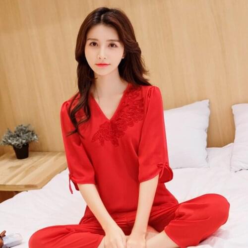 2020 New Half Sleeve Pajama Set Womens Long Sleeve Trousers Suit Pyjamas