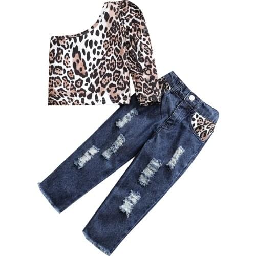 OPPERIAYA Autumn Toddler Baby Girls Clothes Casual Set Long Sleeve Leopard Print One Shoulder Tops Ripped Jeans with Pockets