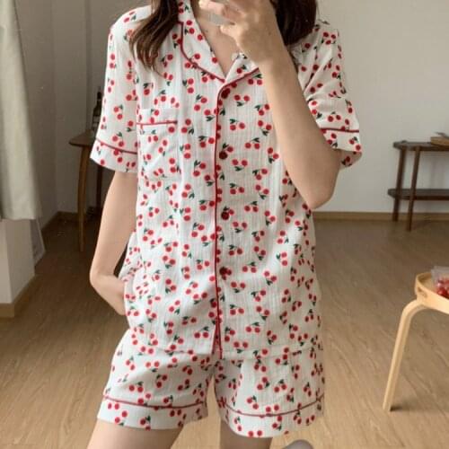100% Cotton Cherry Pajamas Set Women Home Suit Turn Down Collar Tops Shorts 2 Piece Set Soft Comfortable Homewear Sleepwear