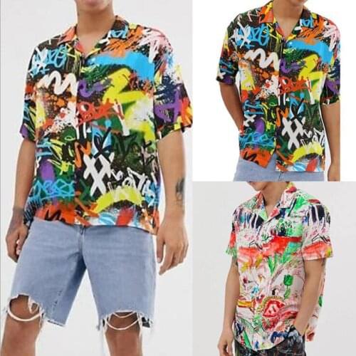 Mens Short Sleeve Printed Shirt Summer Retro Hawaiian Slim Fit Beach Casual Shirt Loose Buttons Top V-Neck Vacation Camisas