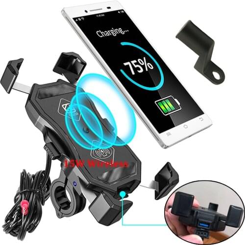 With QC3.0 USB Motorcycle Phone Holder Wireless Charger 15W Smart USB Charging Port Waterproof Motorcycle Handlebar Phone Mount