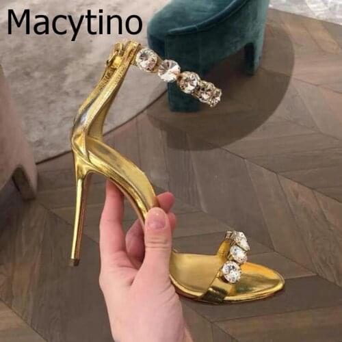 Ankle Strap Sandals Summer woman golden high heel crystal open toe stiletto heel Sexy Pumps cover heel female party dress shoes