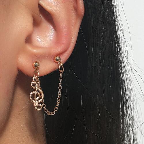 Double Chain Piercing Earring Punk Ball Stud Cartilage Ear Cuff Wrap Hip Hop Note Dangle Chain Drop Earring Unisex Gift