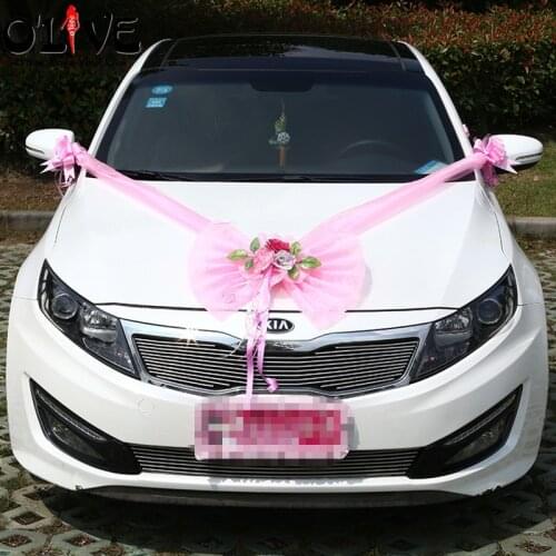 Wedding Decoration Car Artificial Flowers Tulle Bow Decorative Flower Wreath Garland DIY Wedding Accessories Car Head Flowers