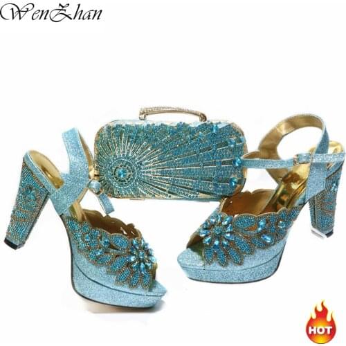 High Pumps Woman African Ladies Italian Design Shoes With Match Party Bag Set Decorated with Rhinestone Sky Blue Set 38-43 e17-9