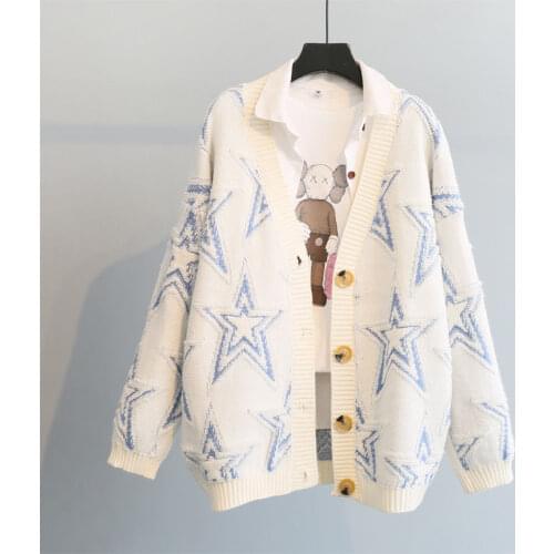 Knitted cardigan sweater coat womens autumn/winter 2021 new Korean style loose embroidered five-pointed star mid-length top