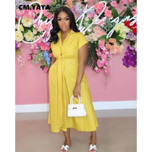 CM.YAYA Women Tie Up Turn-down Neck Blouse Style Dress Streetwear Fashion Basic Short Sleeve Summer Dresses