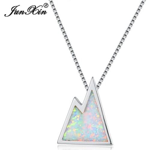 New Fashion Female Blue White Fire Opal Pendants Necklaces Boho Silver Color Triangle Mountain Necklaces For Women