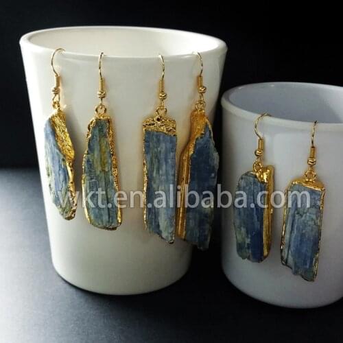 WT-E137 24k Gold dipped natural blue kyanite earrings rough blue stone kyanite dangling earrings