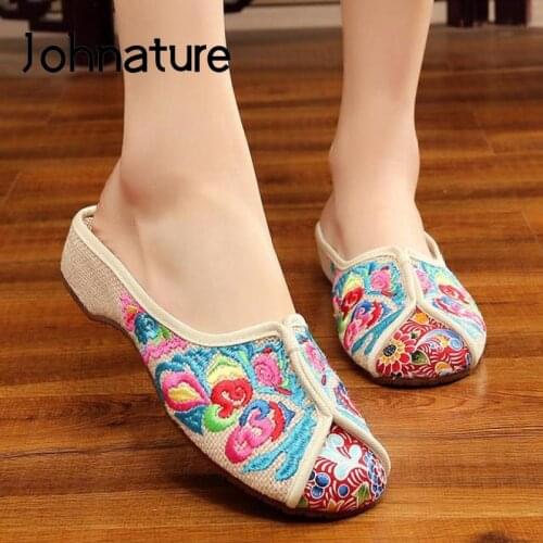 Johnature Summer Shoes Women Slippers 2021 New Embroider Outside Slides National Style Flat With Concise Leisure Ladies Slippers