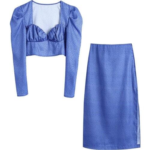 XIKOM 2021 Women Two-Piece Set Pollka Dot Square Collar Long Sleeve Shirt Female Vintage Mid-Calf Skirt Sweet Style Set