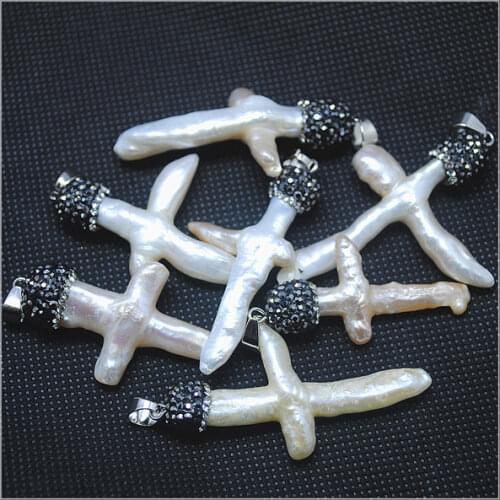 Natural pearl pendants nature cultured freshwater pearl necklace size 40-45mm cross shape rhinestone free shipping