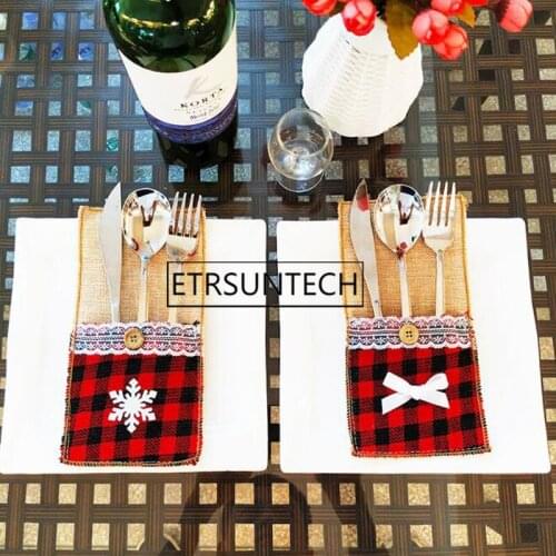 200pcs Christmas Linen Lace Cutlery Tableware Silverware Holder Dinner Table Decoration Knife And Forks Cover Xmas Ornament