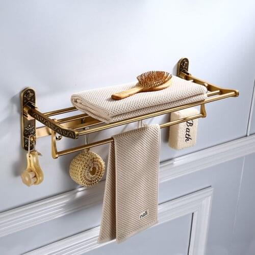Antique Space Aluminum Towel Rack Punch Free Folding Towel Stand Carved Bathroom Shelf Towel Bar Bathroom Hardware Accessory