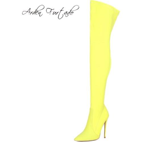 Arden Furtado Fashion Womens Shoes Pointed Toe Stilettos Heels Elegant Ladies yellow Over The Knee stretch thigh high Boots 43