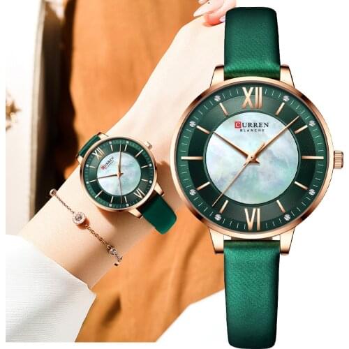 CURREN Ladies Watches Green Quartz Wrist Women Luxury Branded Clock Elegant Charming Leather Wristwatches 2021