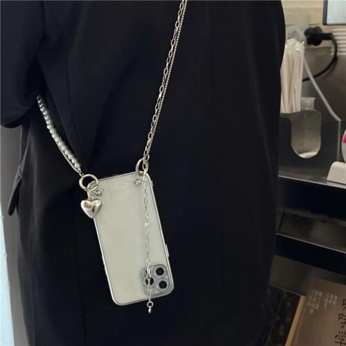 For iPhone 12 11 pro Xs max XR X 8 7 plus Long Chain Crossbody Soft Phone Case Luxury Pearl Silver Metal Strap Phone Back Cover