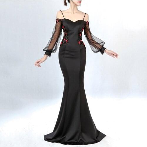 Black Transparent Sleeve Off Ther Shoulder Cotton Party Sexy Dress 2018 Cheap Night Party Dresses Robe De Soiree Longue