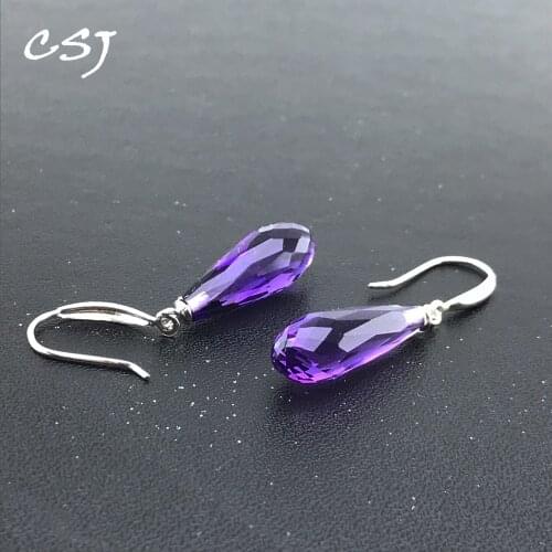 CSJ Water Drop Natural Amethyst Earrings Sterling 925 Silver Fine Jewelry Gemstone 14.5ct Women Femme Wedding Party Gift