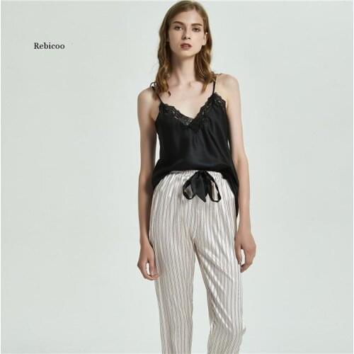 Home Clothes Silk Pajamas for Woman 2 Piece Lounge Wear Pijamas Summer Pyjama Satin Femme Spaghetti Strap Sexy Lace
