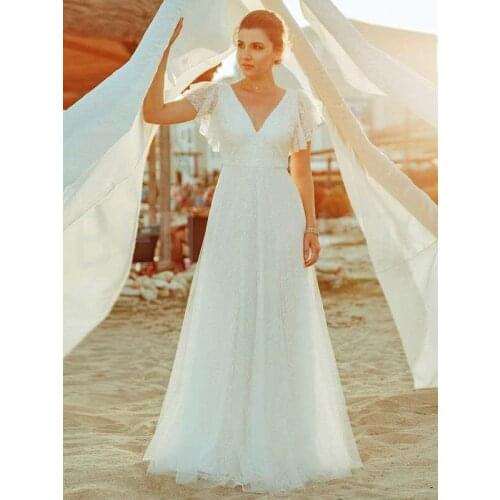 Elegant Cheap Bridesmaid Dresses Under 50 A-line V-Neck Short Sleeves Floor Length Tulle Lace Long Wedding Party Dresses