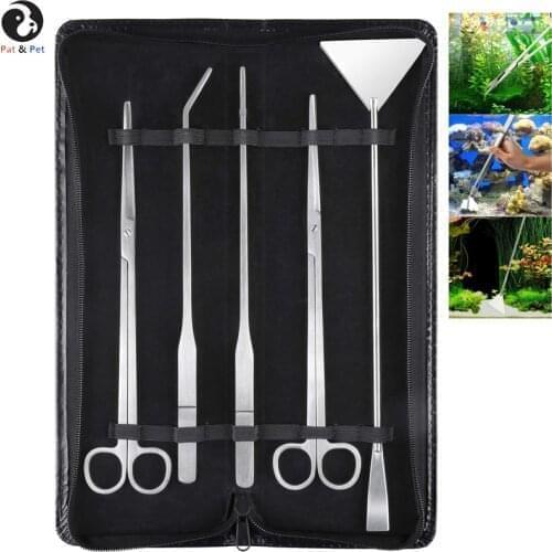 Aquarium Tools Kit,5 in 1 Long Stainless Steel Tweezers Scissor Spatula Multi Functional Aquarium Tank for Cleaning & Fish Start
