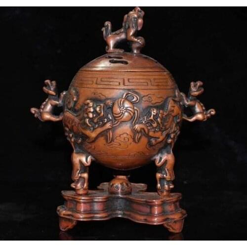 Collection of Chinese old copper double lion hydrangea incense burner ornaments