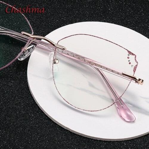 Round Eye Glass Colored Lenses Fashion Frame Women Optical Rimless Titanium Spectacles Female with Stones