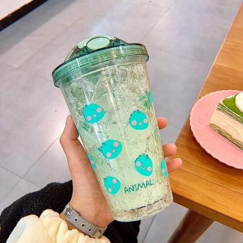 1pcs Double Layer Ice Glass Childrens Water Cup Girl Summer Girl Summer Lovely Girl Heart Bomb Cover Straw Casual Cup