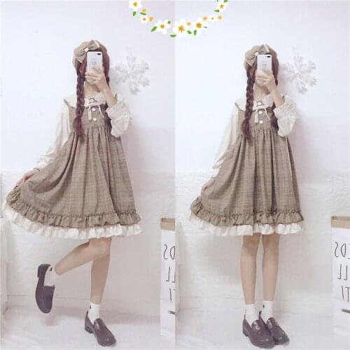Sweet Womens Lolita OP Dress Long Sleeve Plaid Dress Cute Fake-two-piece Patchwork Dress One Piece Spring Autumn Mori Girl