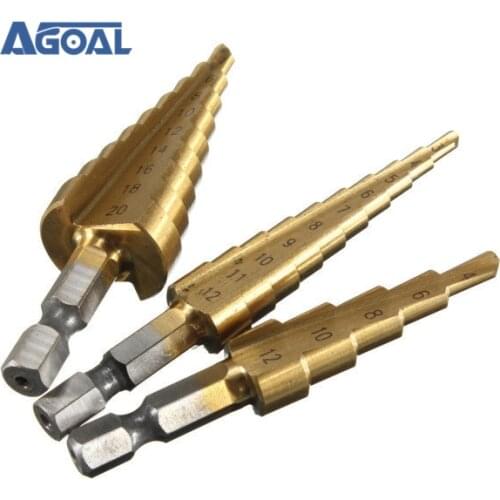 3Pcs/lot 1/4 Inch Hex Shank HSS Titanium Coated Step Drill Bit Set 3-12/4-12/4-20mm