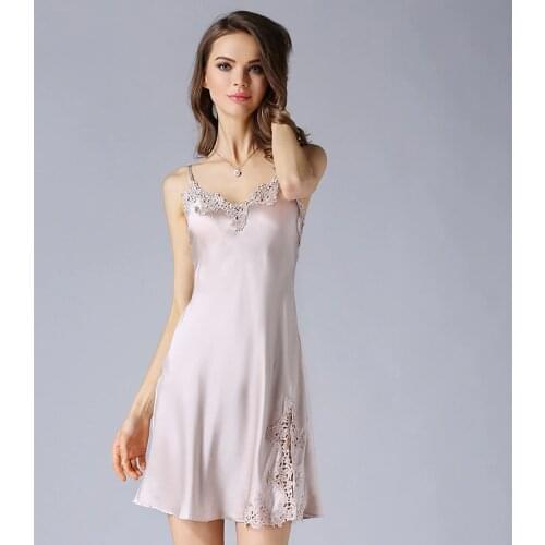 Nightgowns Women 100% Silk Embroidery Lace Spaghetti Strap V neck Adjustable Length 2 Colors Elegant Style All Season
