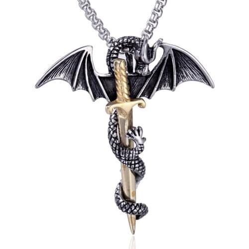 Stainless Glow in the Dark Sword Dragon Pendant Necklace For Mens Punk Luminous Dragon Long Chain Necklace Women Hip Hop Jewelry