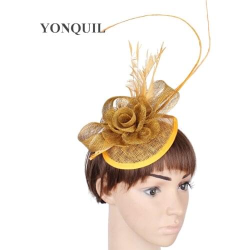 Fashion Gold Fascinator Headbands Sinamay Hats For Elegant Women Derby Weddings Loop Headwear Quill Hair Accessories SYF234