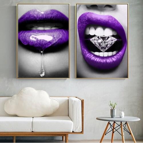Canvas Paintings Nordic Prints Purple Diamond Lips Sexy Home Decor Posters Wall Artwork Bedroom Pictures For Home Decoration
