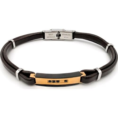 Runda Mens Leather Bracelet CZ Stone Jewelry Gold Stainless Steel Wristband Couple Gift