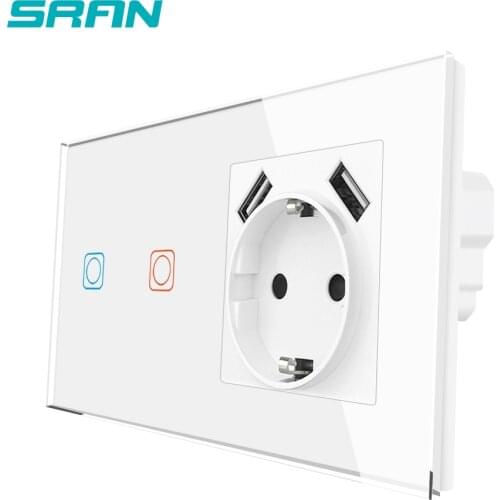 SRAN Touch Sensor Switch With Socket Crystal Glass Panel 153*82mm 220V 16A Wall Socket With USB 2Gang 1Way Light Switch