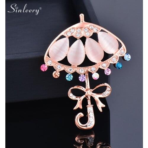 SINLEERY Design Pink Pin Opal Umbrella bow Brooch Rose Gold Color Tiny Cubic Zirconia Brooch For Women Jewelry XZ018 SSB
