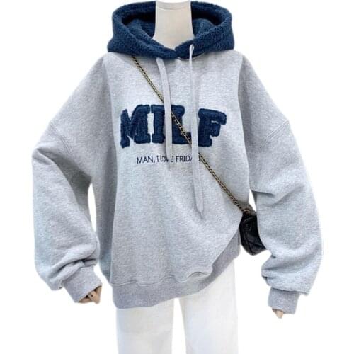 Hoodies Women Sweatshirts Letter MILF Print Wool Pullovers Loose Korean Style Jacket Full Sleeve Casual Winter Jacket Tops 2021