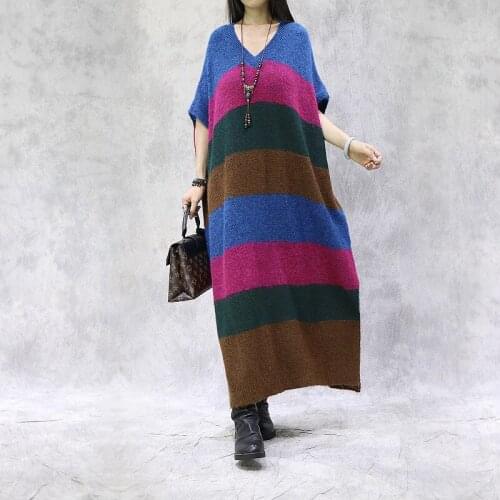 Knit dress 2021 autumn/winter Bat sleeve original art retro robe long skirt large size loose color sweater