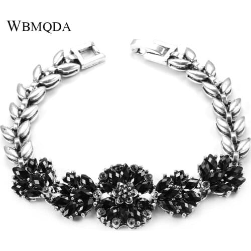 Wbmqda Hot Boho Black Stone Bracelet Tibetan Silver Rhinestone Charms Bracelets For Women Vintage Ethnic Wedding Jewelry