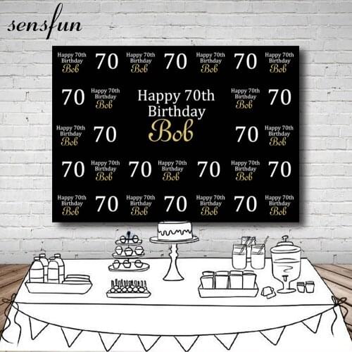 Sensfun Happy 70th Birthday Party Backdrop For Photo Studio Customized Gold Name Black Photography Backgrounds 7x5FT Vinyl